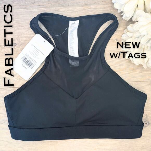 NEW Fabletics Megan Sports Bra Medium Black Racerback Mesh Medium Impact Wicking - Picture 2 of 8
